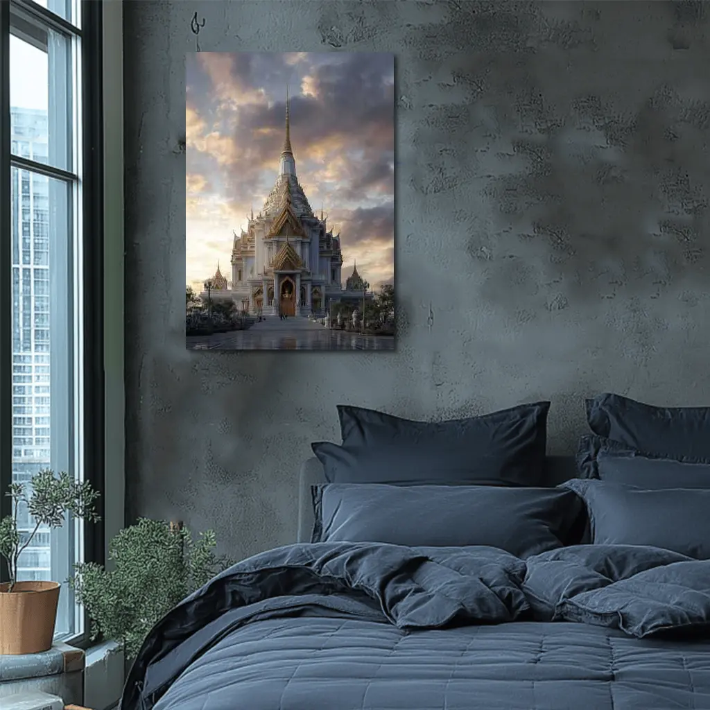 White Gold Thai Temple Dramatic Cloudy Sky – Wall Art