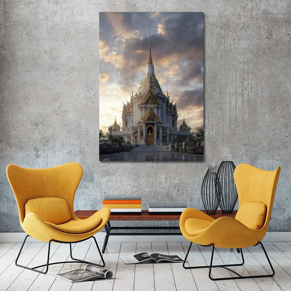 White Gold Thai Temple Dramatic Cloudy Sky – Wall Art