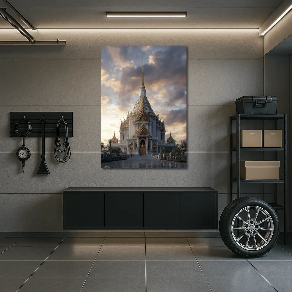 White Gold Thai Temple Dramatic Cloudy Sky – Wall Art