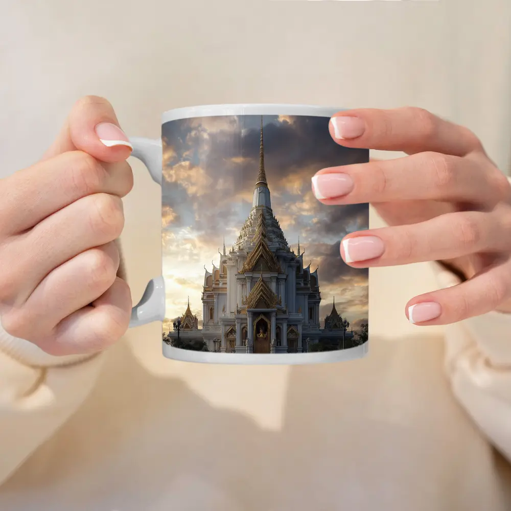 White Gold Thai Temple Dramatic Cloudy Sky – Mugs
