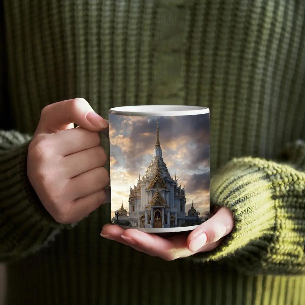 White Gold Thai Temple Dramatic Cloudy Sky – Mugs