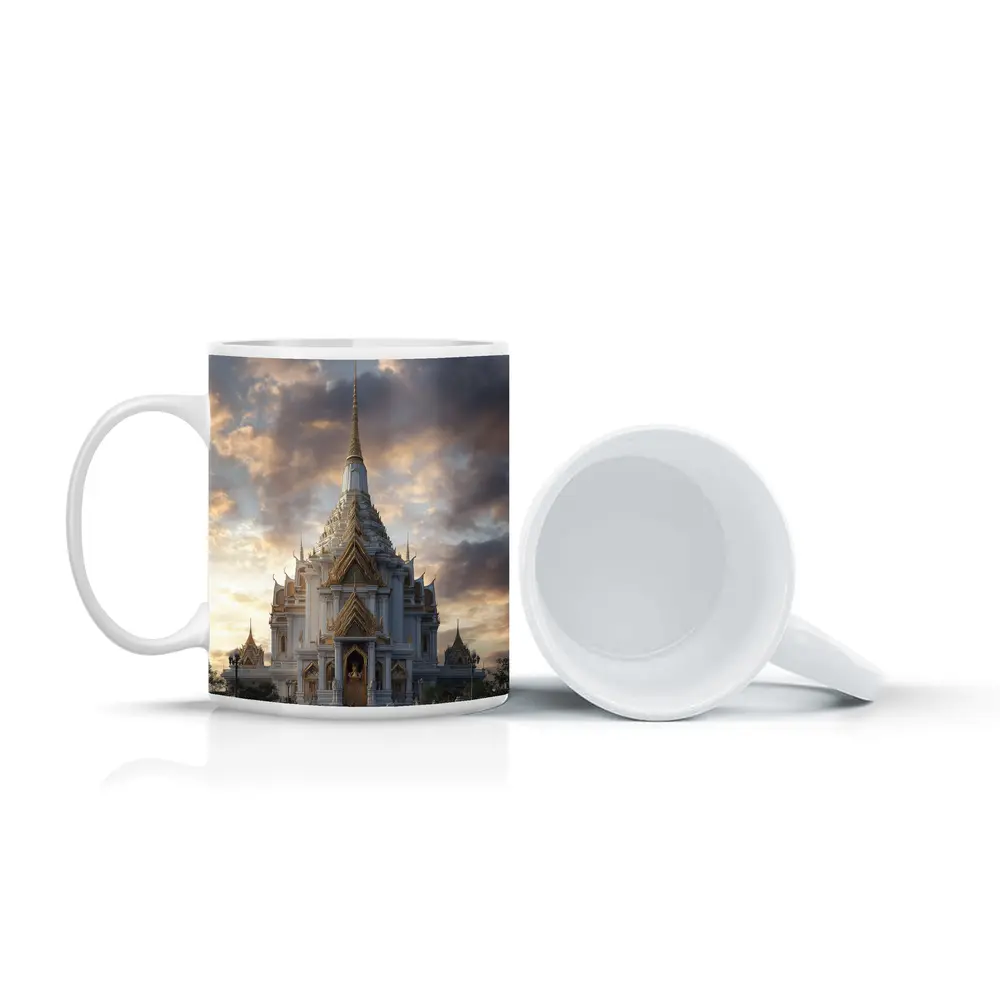 White Gold Thai Temple Dramatic Cloudy Sky – Mugs