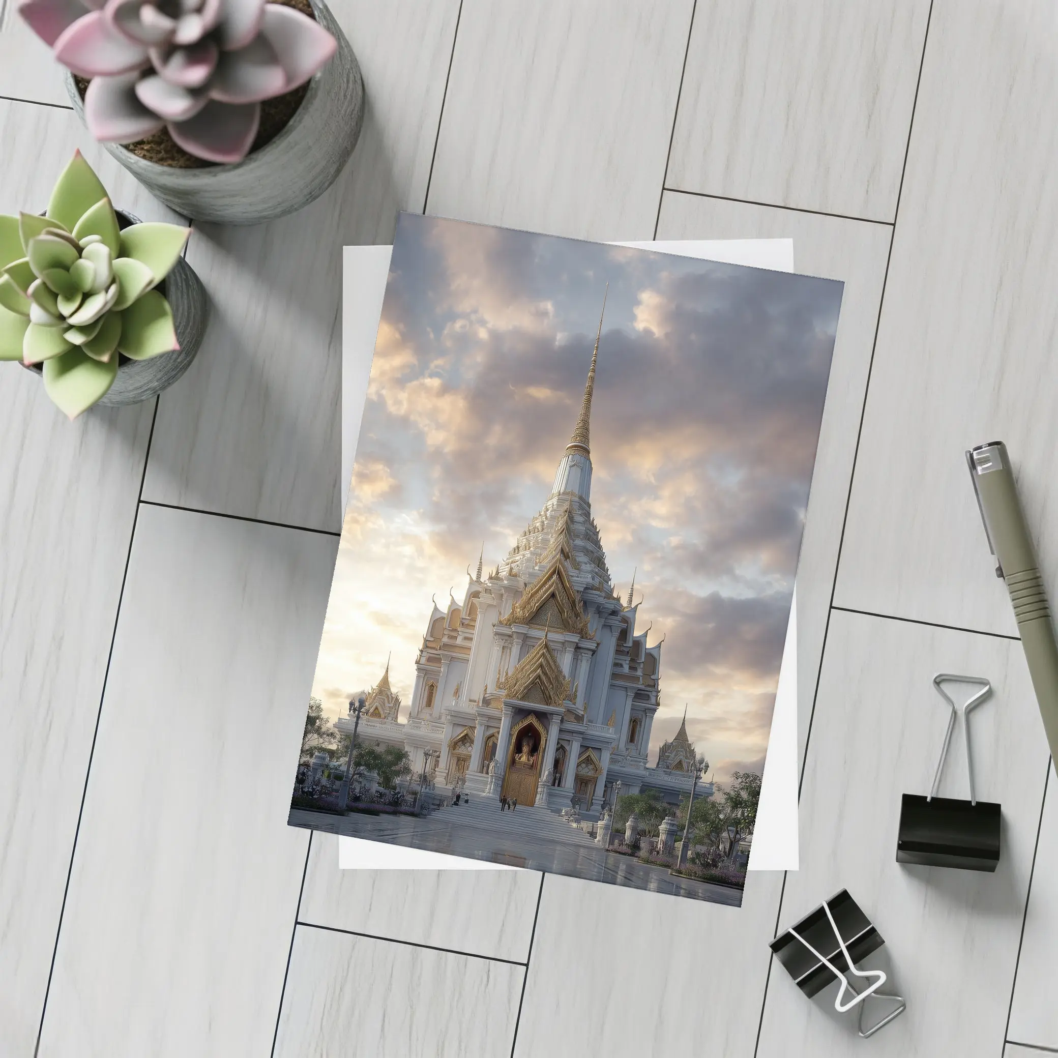 White Gold Thai Temple Dramatic Cloudy Sky – Postcards