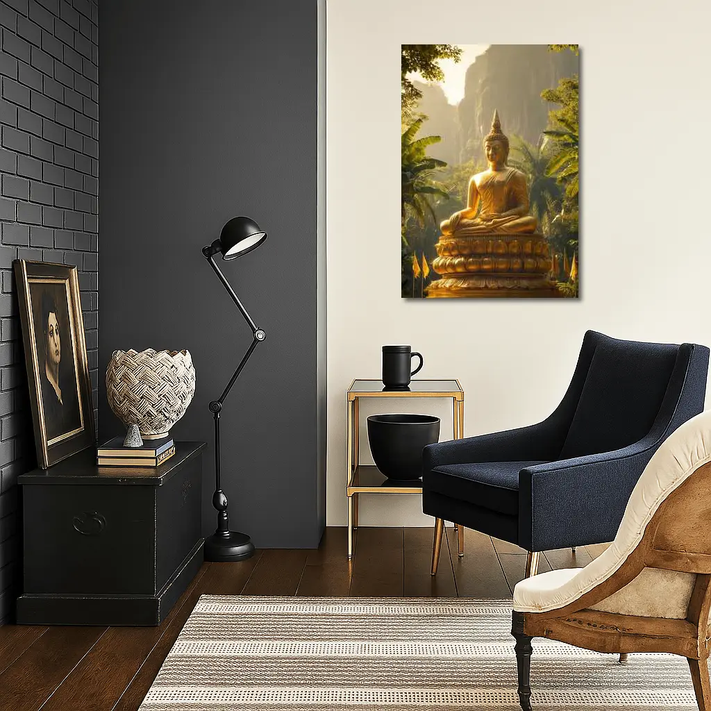 Golden Buddha Statue Tropical Forest Mountains – Wall Art
