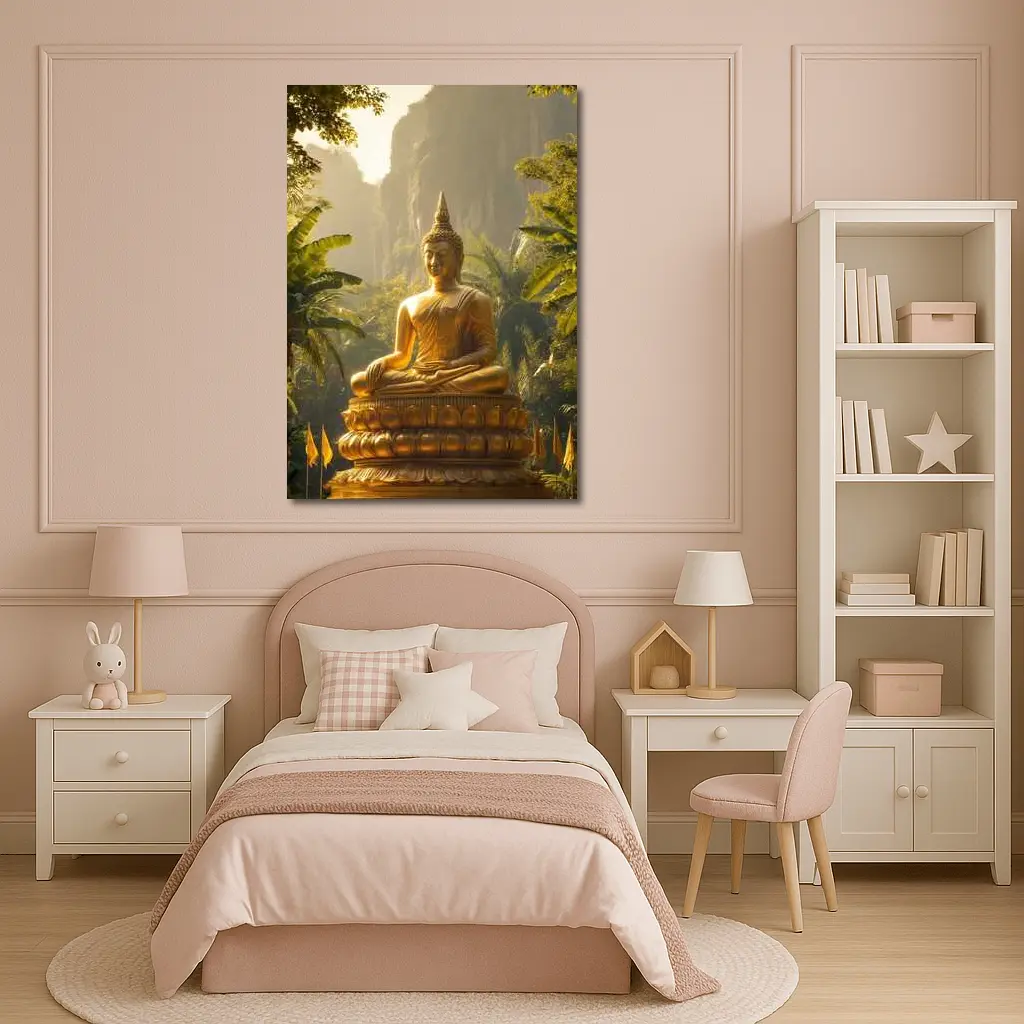 Golden Buddha Statue Tropical Forest Mountains – Wall Art