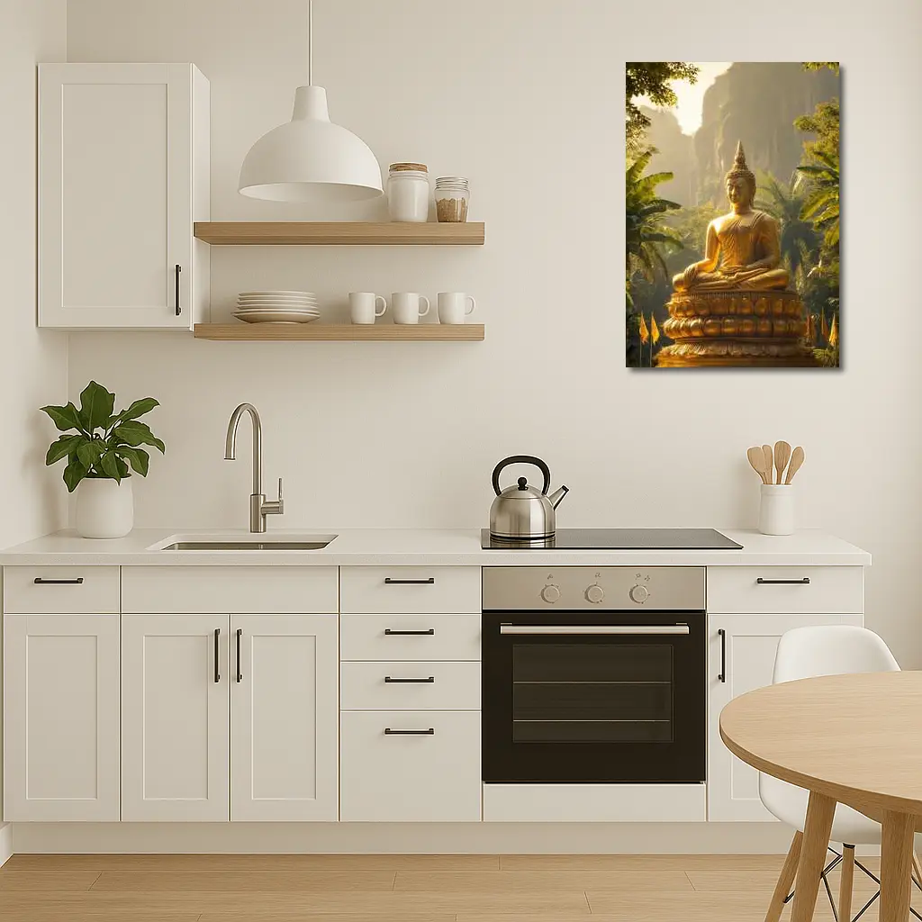 Golden Buddha Statue Tropical Forest Mountains – Wall Art