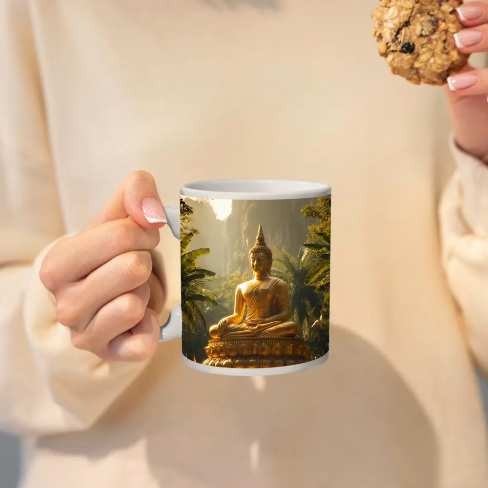 Golden Buddha Statue Tropical Forest Mountains – Mugs