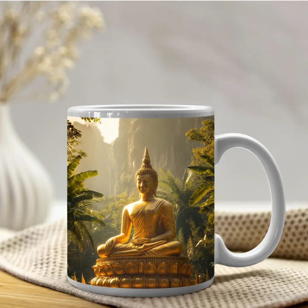 Golden Buddha Statue Tropical Forest Mountains – Mugs