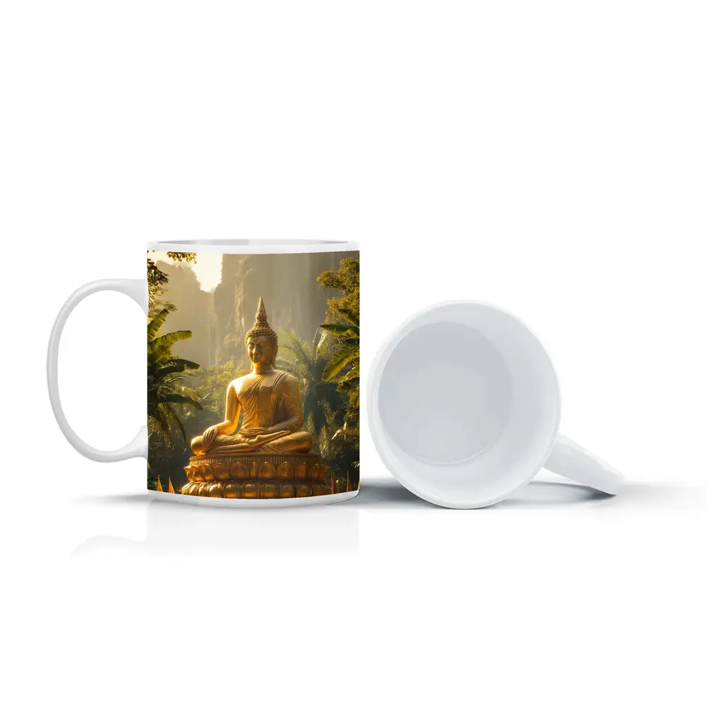 Golden Buddha Statue Tropical Forest Mountains – Mugs