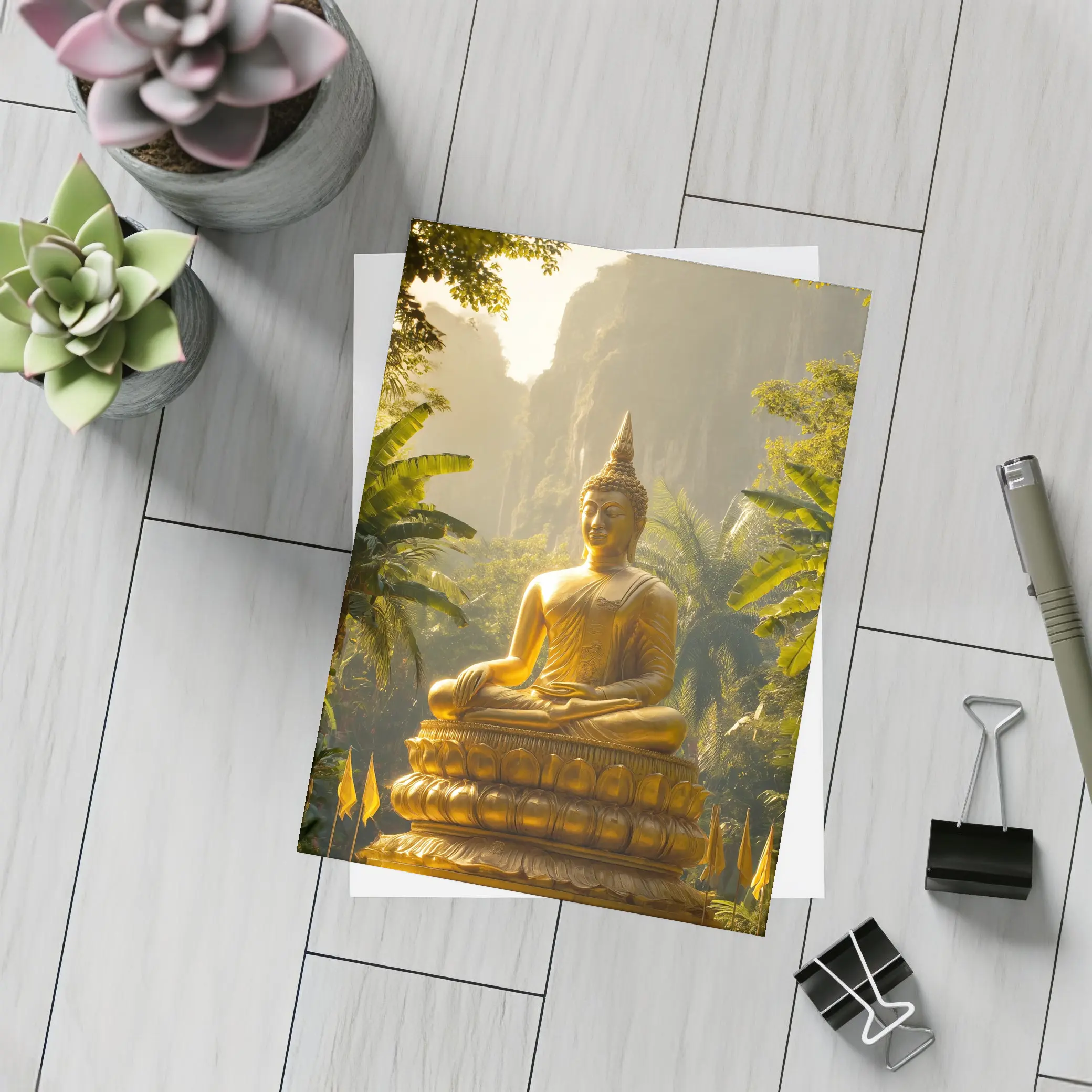 Golden Buddha Statue Tropical Forest Mountains – Postcards
