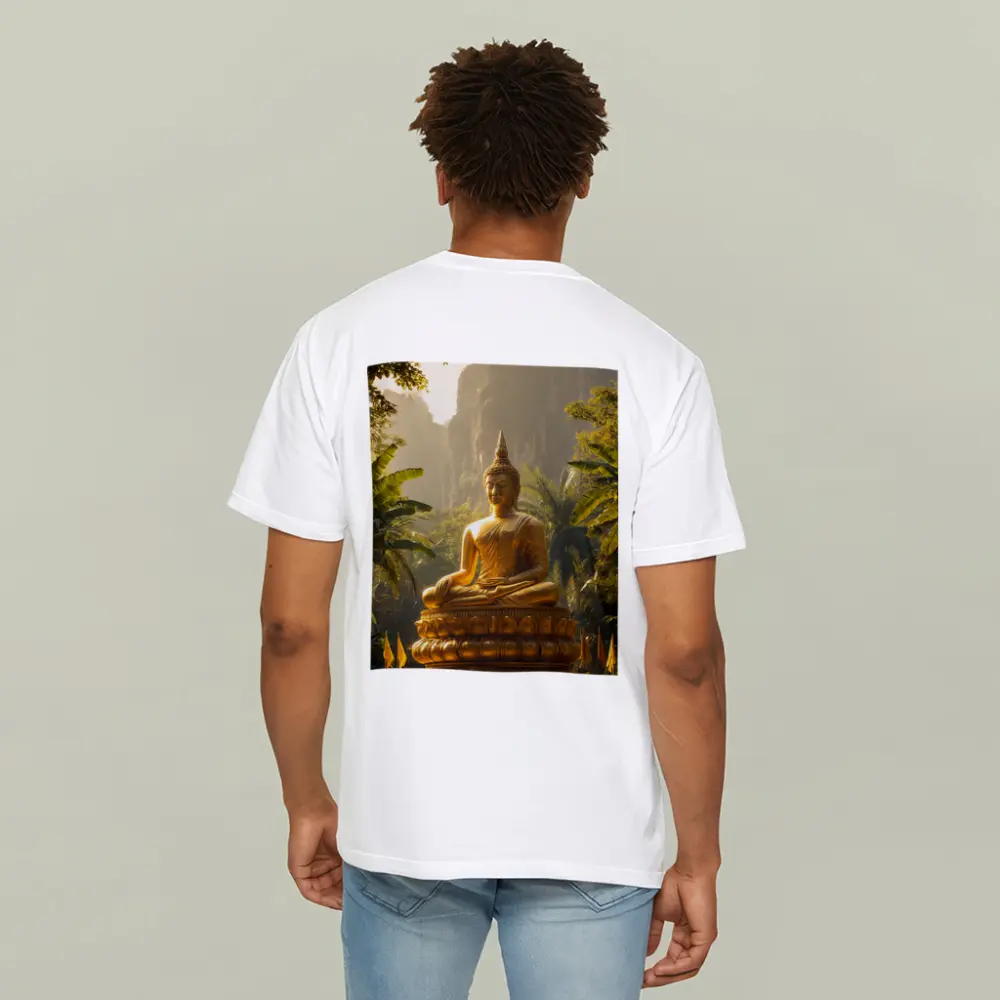 Golden Buddha Statue Tropical Forest Mountains – T-Shirts