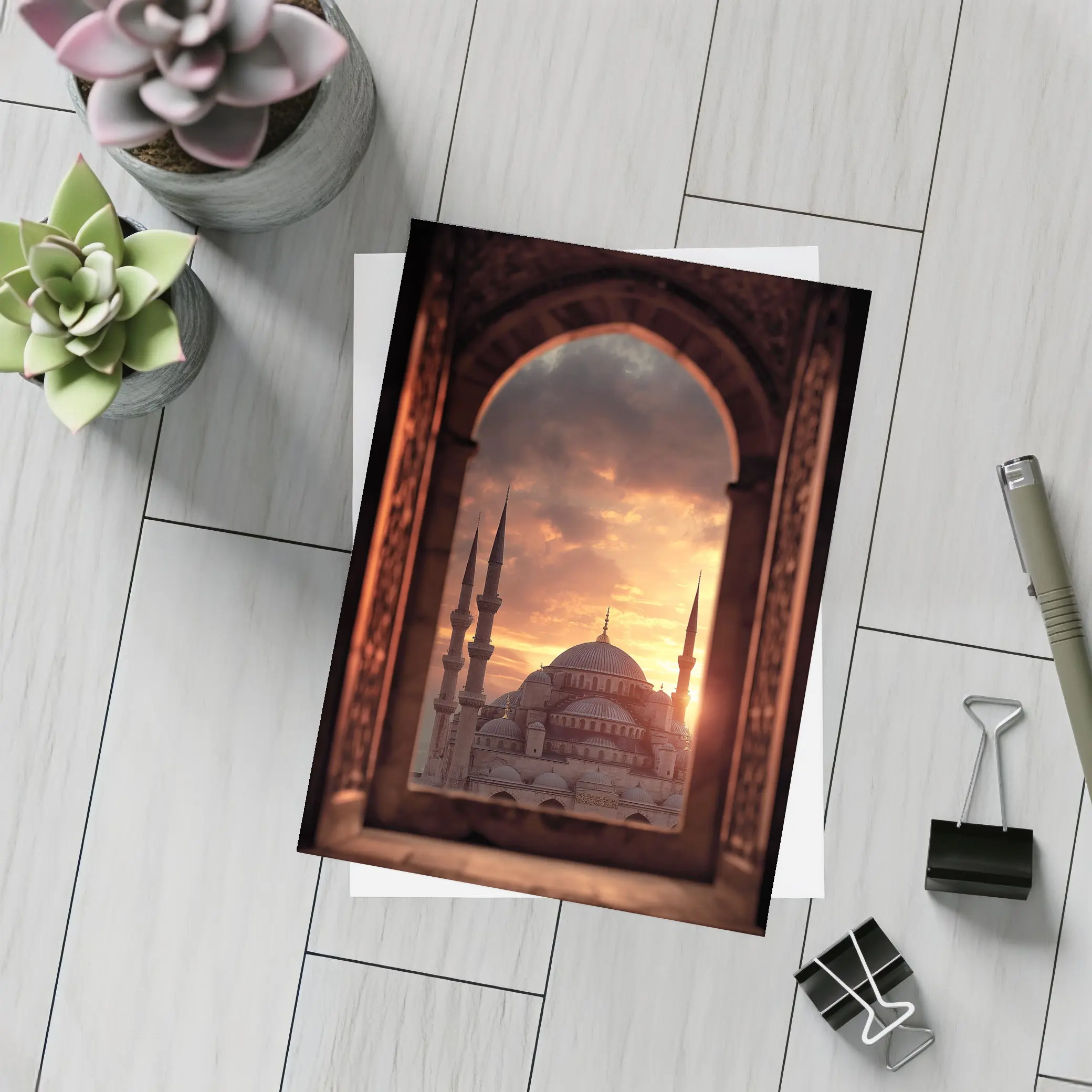 Blue Mosque Istanbul Sunset Arched Window View – Postcards