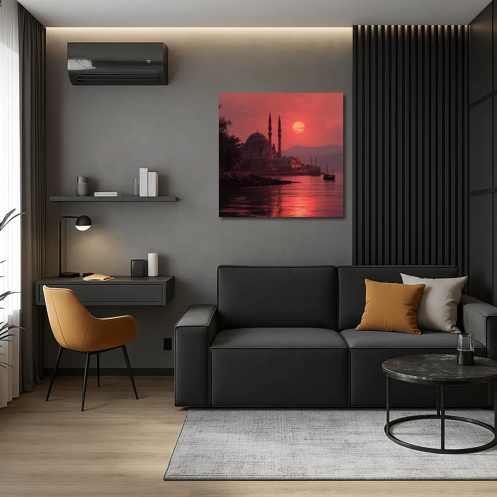 Istanbul Mosque Red Sunset Waterfront View – Wall Art