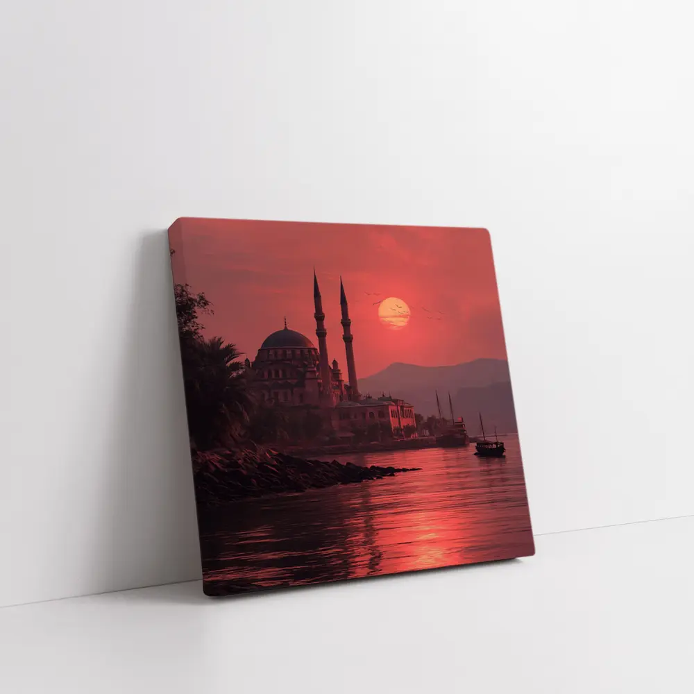 Istanbul Mosque Red Sunset Waterfront View – Wall Art