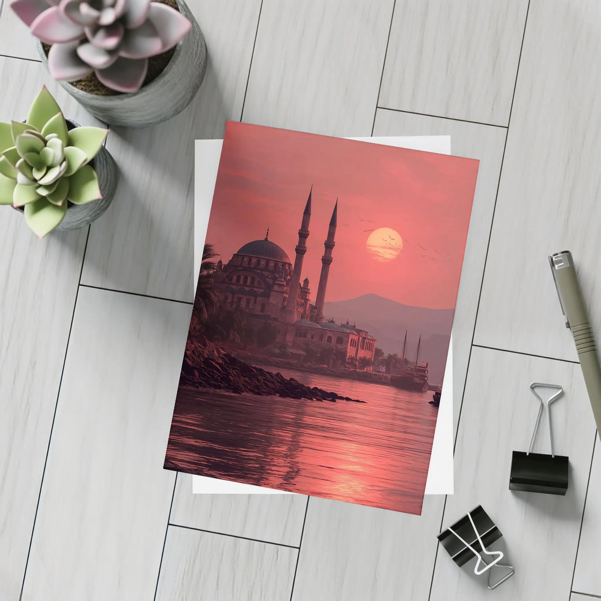 Istanbul Mosque Red Sunset Waterfront View – Postcards