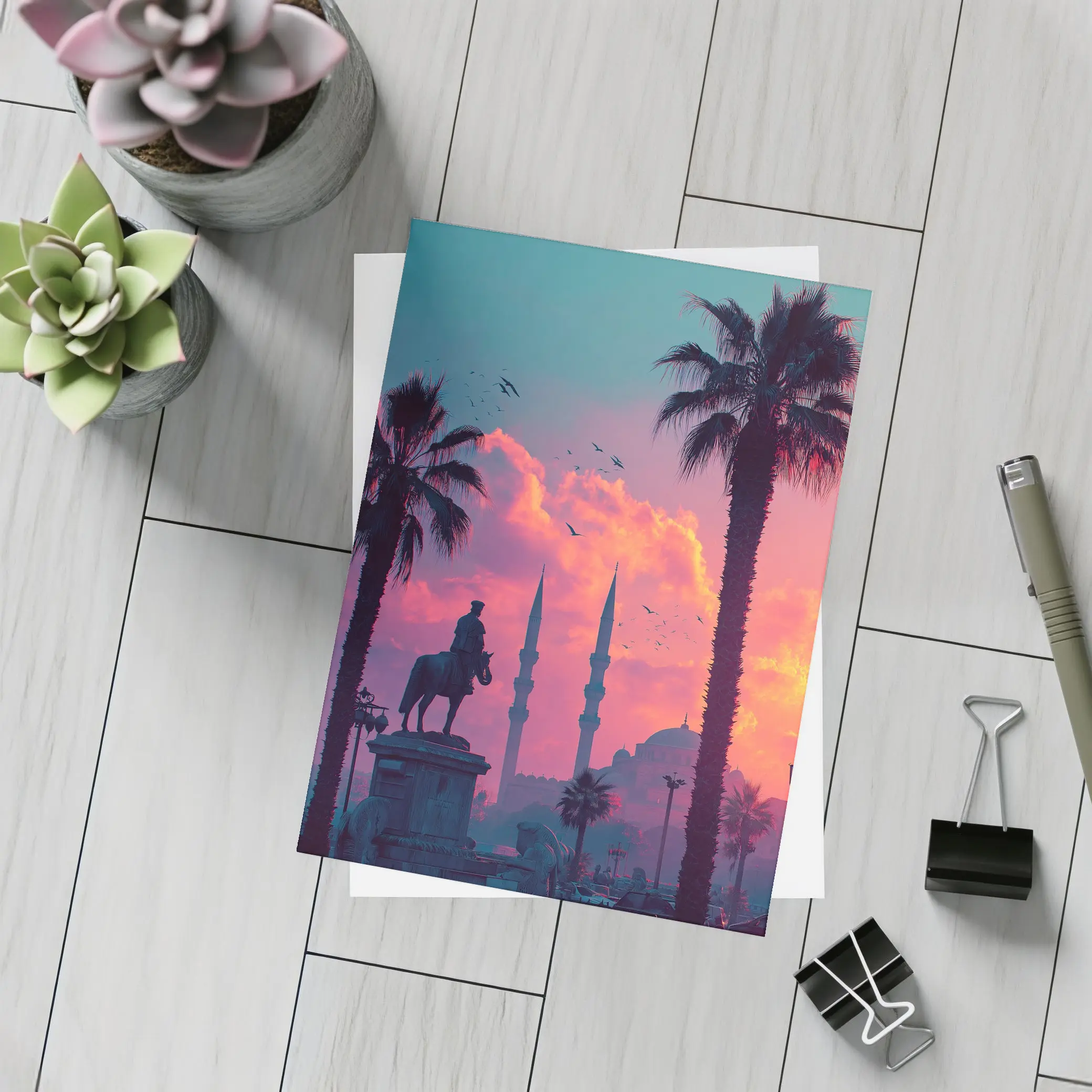 Istanbul Mosque Silhouette Palm Trees Sunset – Postcards