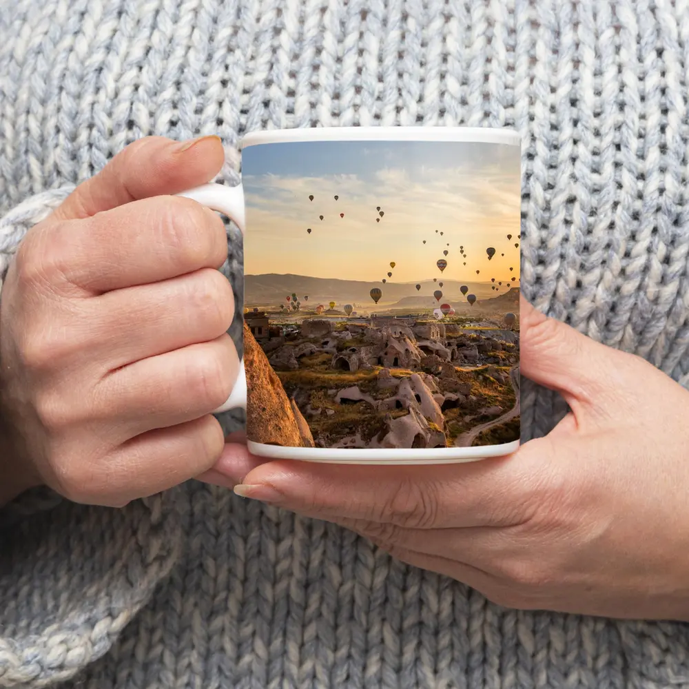 Hot Air Balloons Over Cappadocia Cave Landscape – Mugs