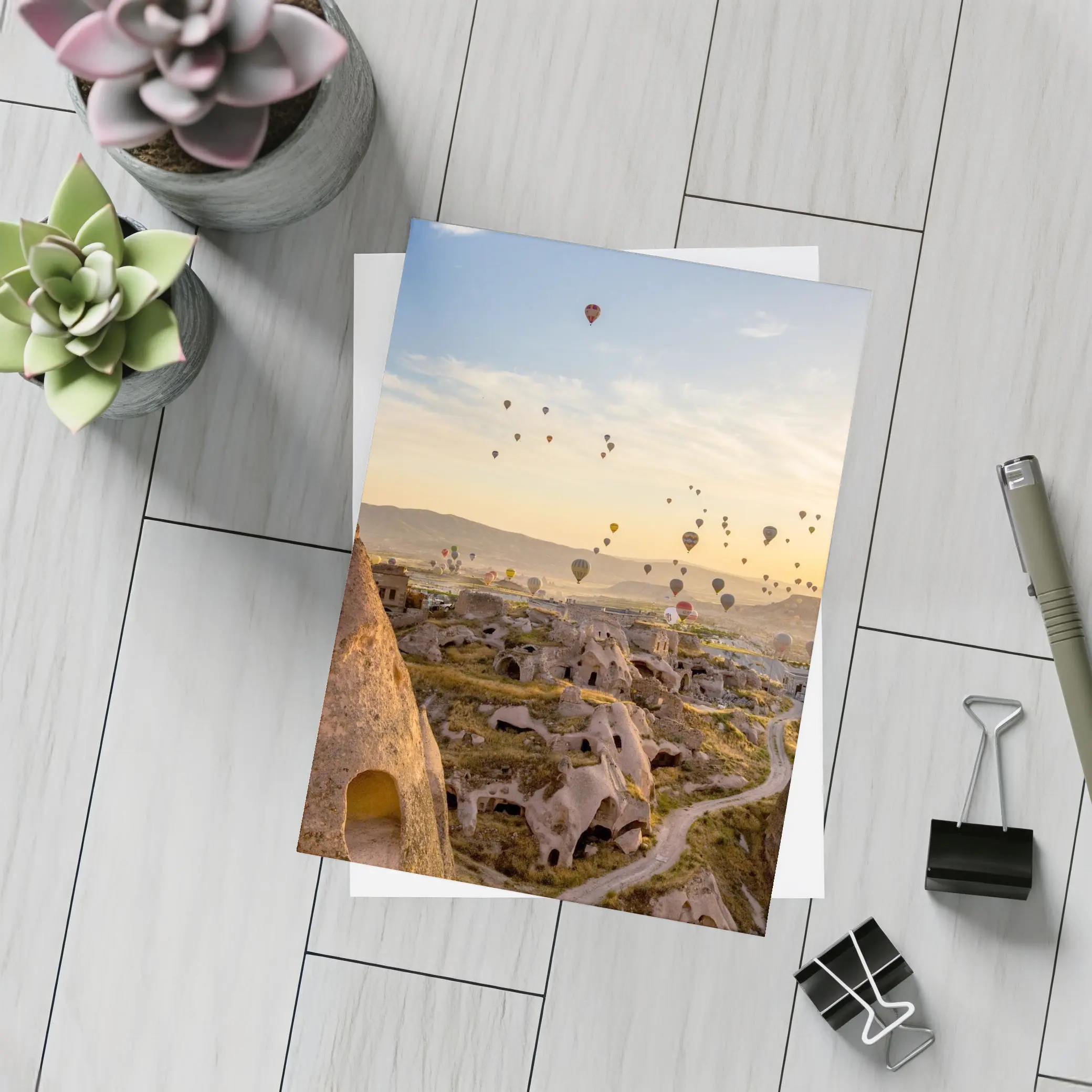 Hot Air Balloons Over Cappadocia Cave Landscape – Postcards