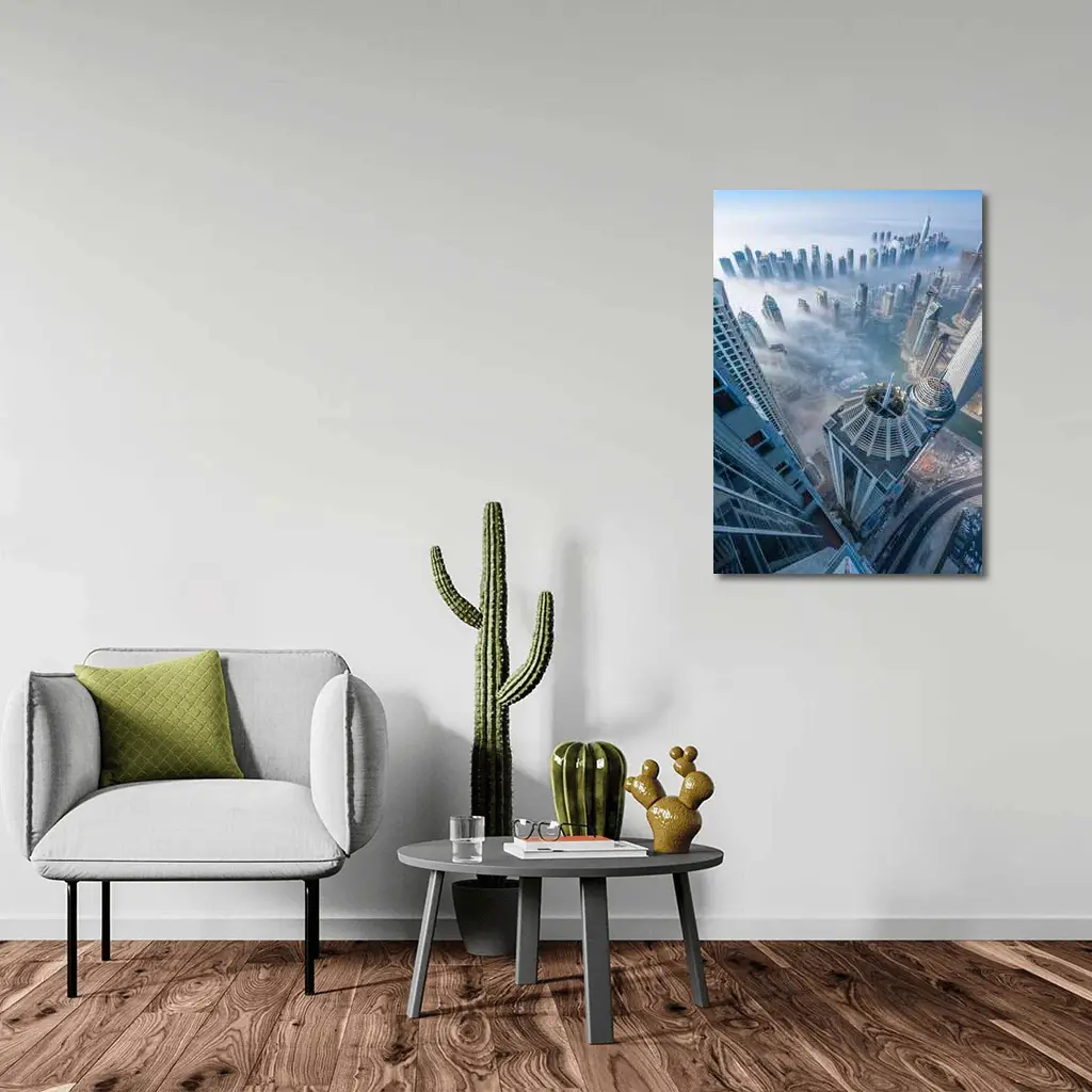 Dubai Skyline Skyscrapers Aerial Fog View – Wall Art
