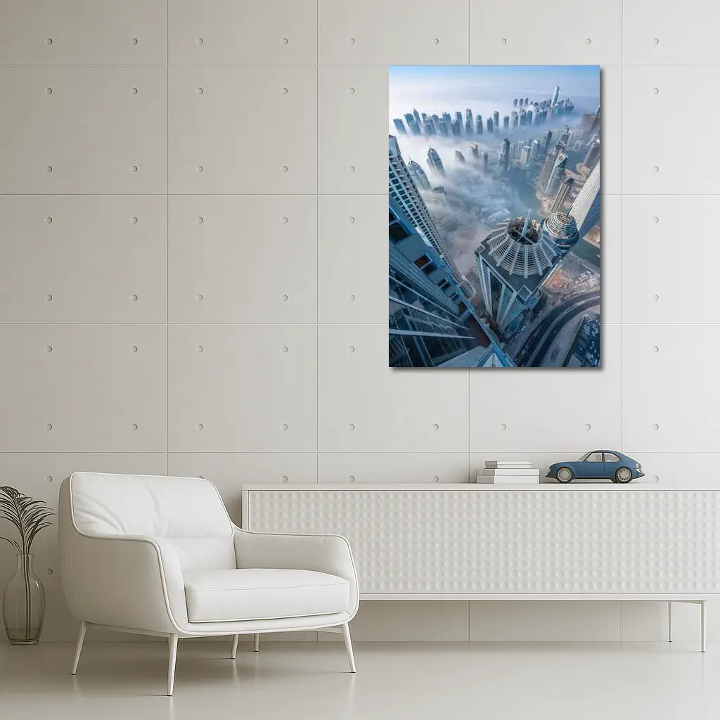 Dubai Skyline Skyscrapers Aerial Fog View – Wall Art
