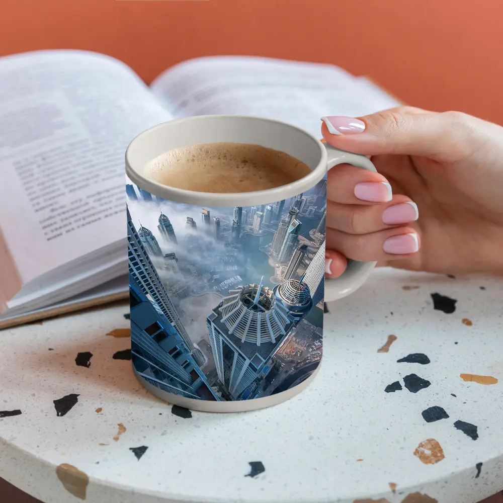 Dubai Skyline Skyscrapers Aerial Fog View – Mugs