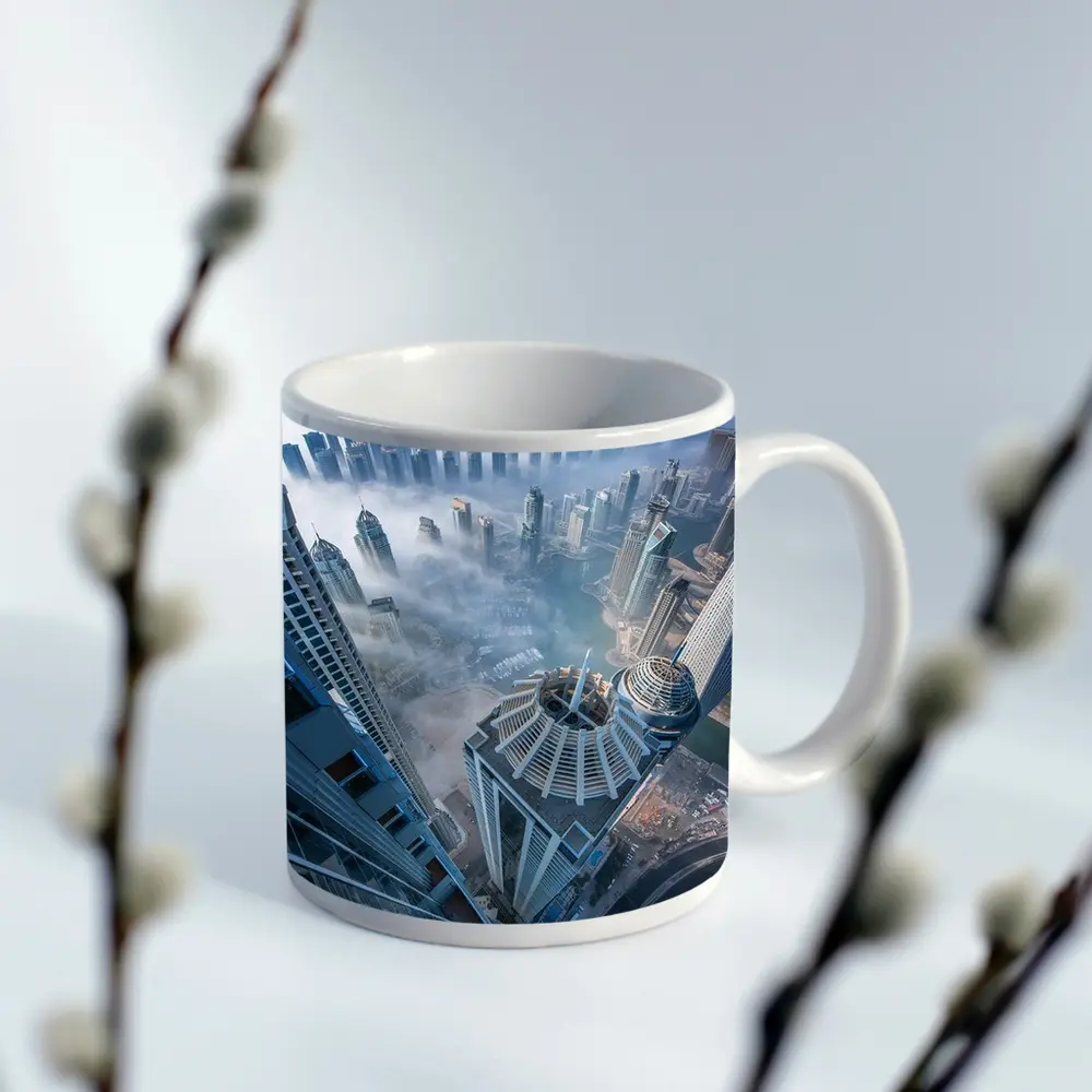 Dubai Skyline Skyscrapers Aerial Fog View – Mugs