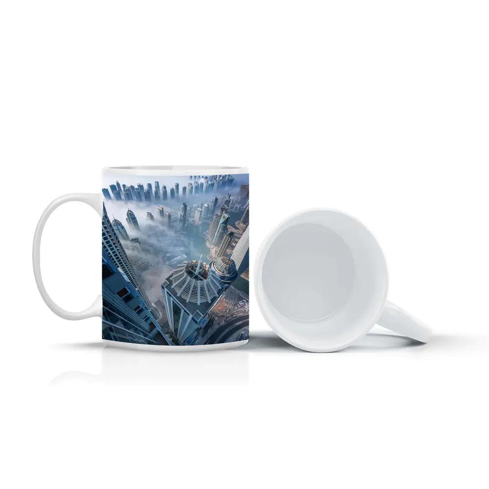 Dubai Skyline Skyscrapers Aerial Fog View – Mugs