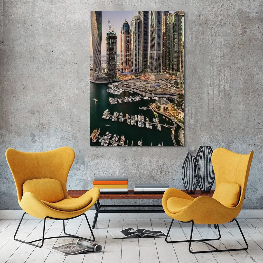 Dubai Marina Skyline Yachts Dusk Aerial View – Wall Art