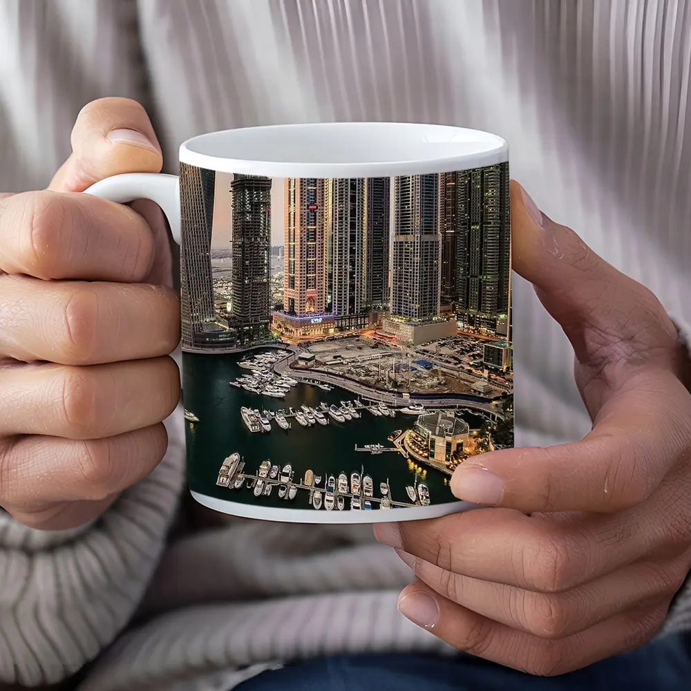 Dubai Marina Skyline Yachts Dusk Aerial View – Mugs