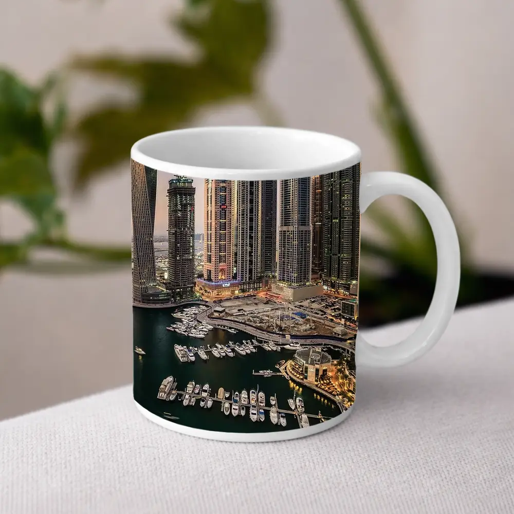 Dubai Marina Skyline Yachts Dusk Aerial View – Mugs