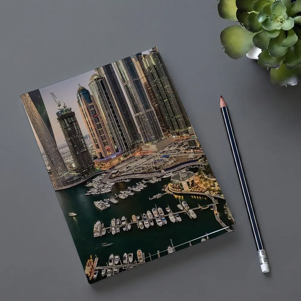 Dubai Marina Skyline Yachts Dusk Aerial View – Notebooks