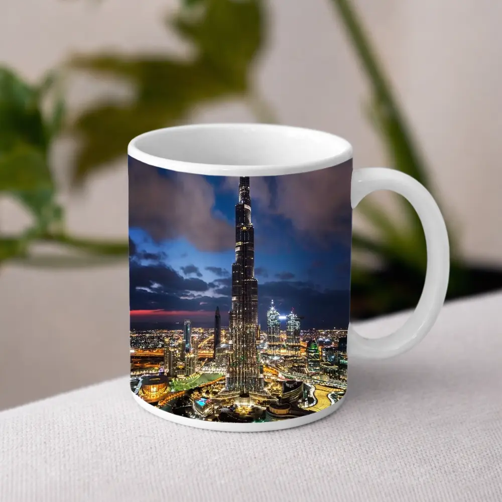 Burj Khalifa Dubai City Night Aerial View – Mugs