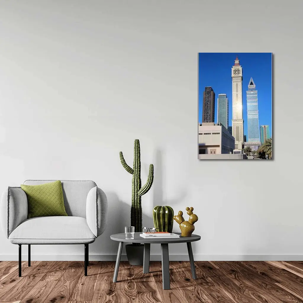 Dubai Clock Tower Skyscrapers Blue Sky – Wall Art