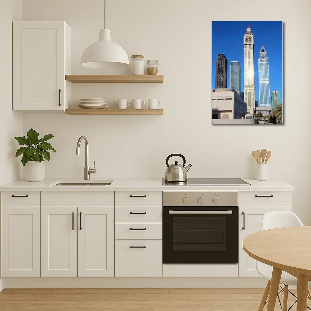 Dubai Clock Tower Skyscrapers Blue Sky – Wall Art