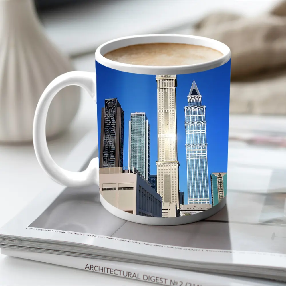Dubai Clock Tower Skyscrapers Blue Sky – Mugs