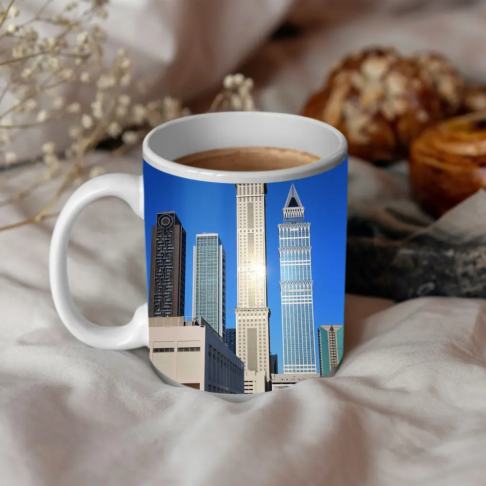 Dubai Clock Tower Skyscrapers Blue Sky – Mugs