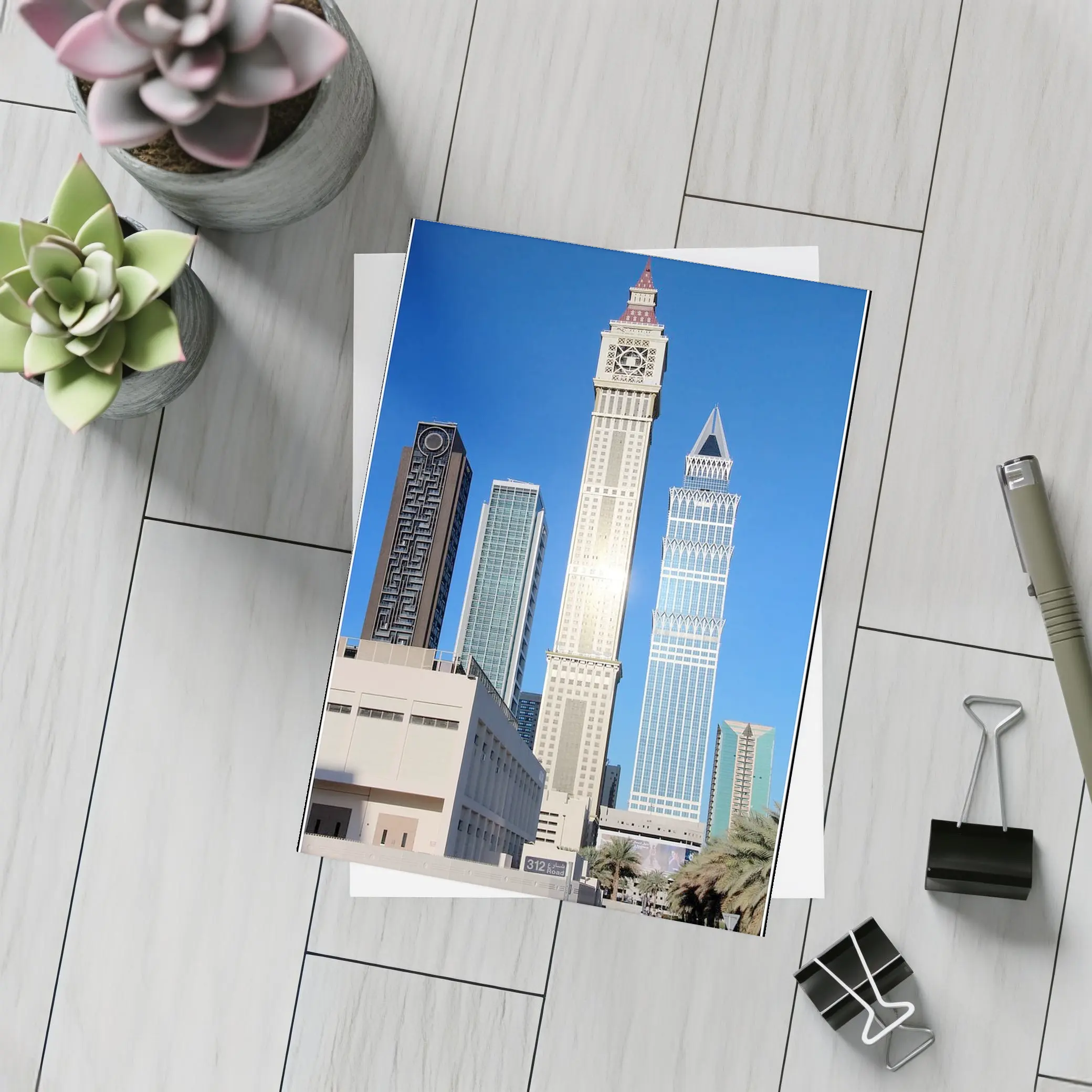 Dubai Clock Tower Skyscrapers Blue Sky – Postcards