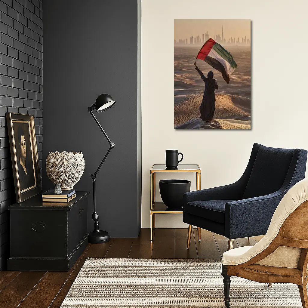 Woman Waving UAE Flag Desert Dubai Skyline – Wall Art