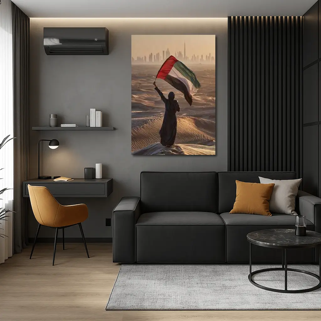 Woman Waving UAE Flag Desert Dubai Skyline – Wall Art