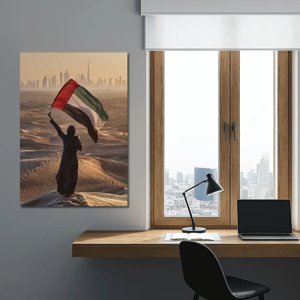 Woman Waving UAE Flag Desert Dubai Skyline – Wall Art