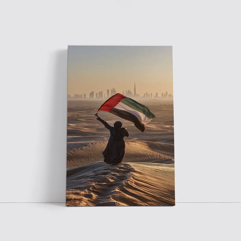 Woman Waving UAE Flag Desert Dubai Skyline – Wall Art