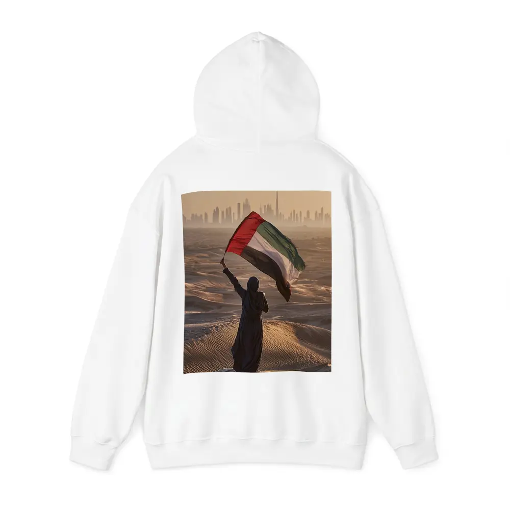 Woman Waving UAE Flag Desert Dubai Skyline – Hoodies