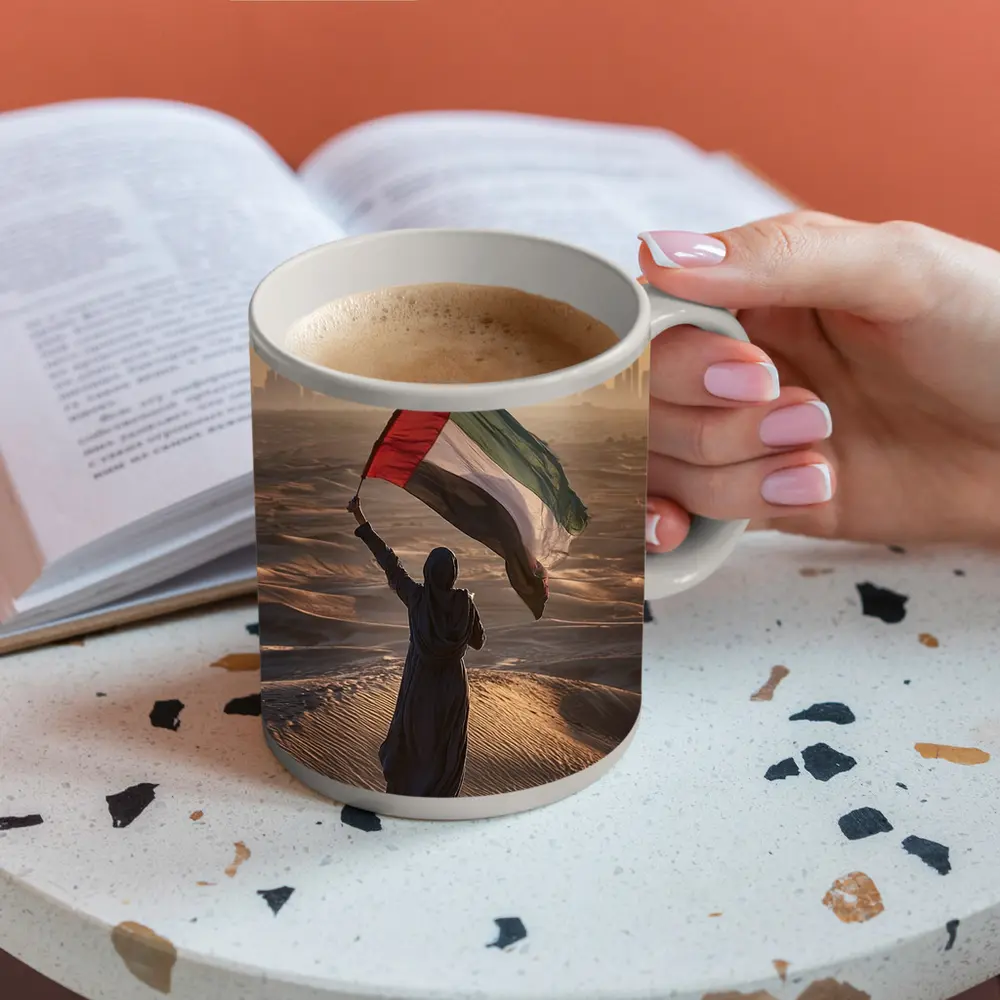 Woman Waving UAE Flag Desert Dubai Skyline – Mugs