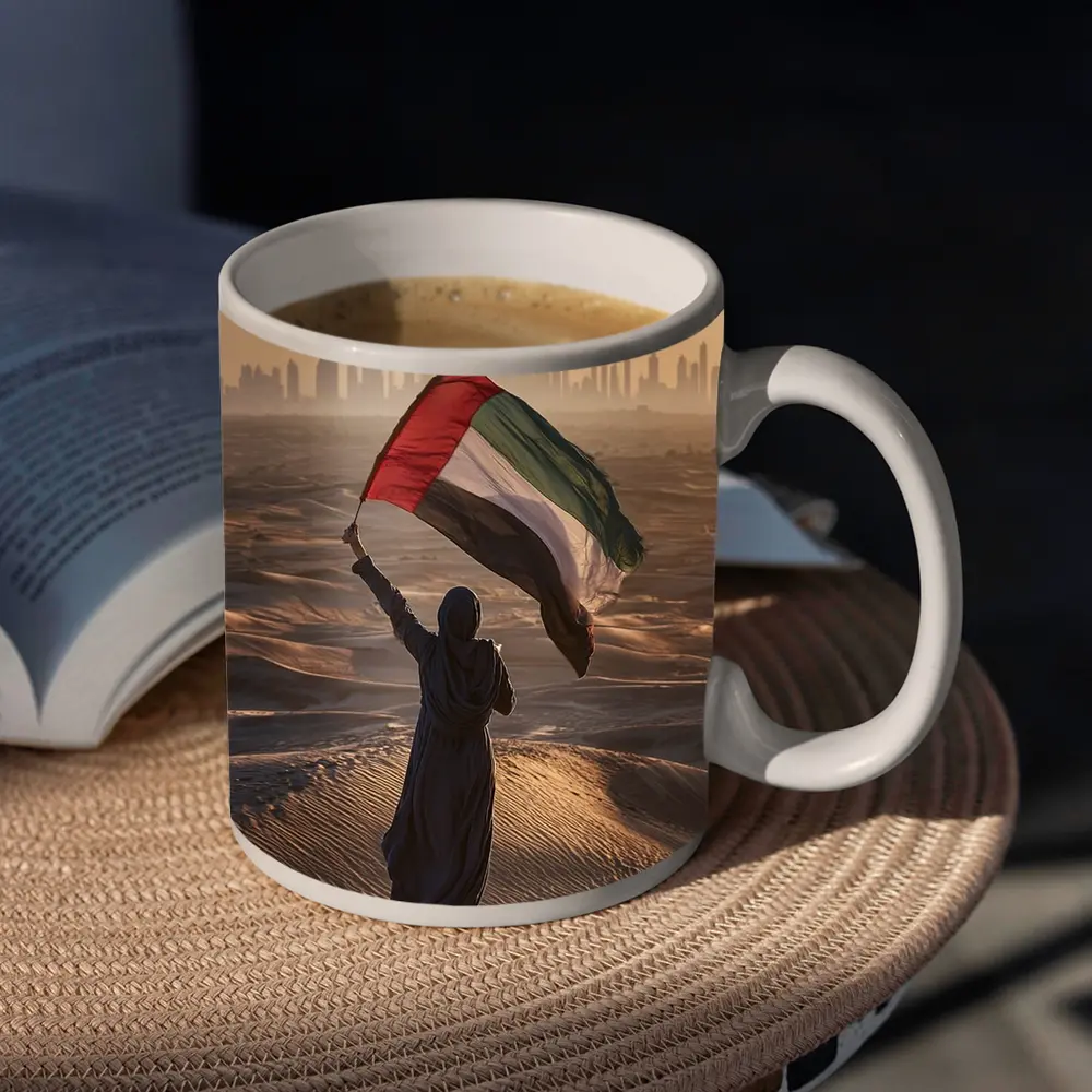 Woman Waving UAE Flag Desert Dubai Skyline – Mugs