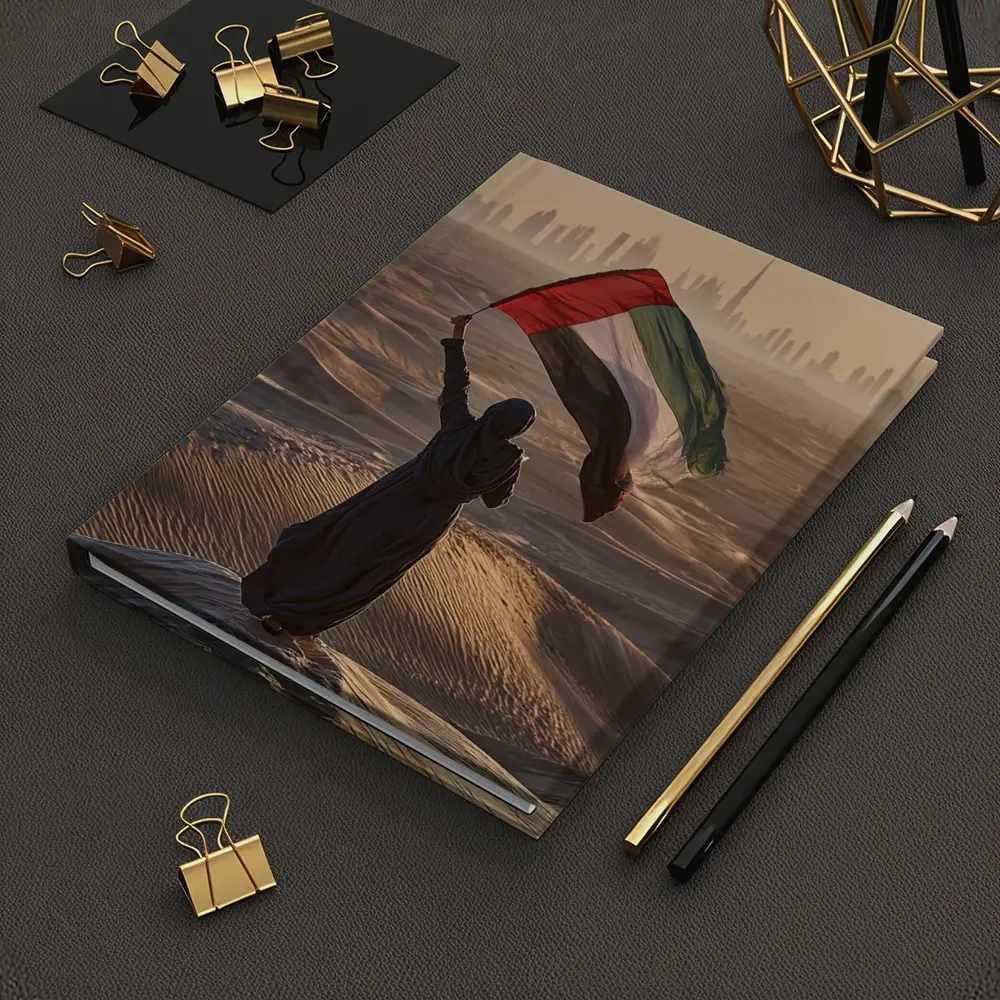 Woman Waving UAE Flag Desert Dubai Skyline – Notebooks