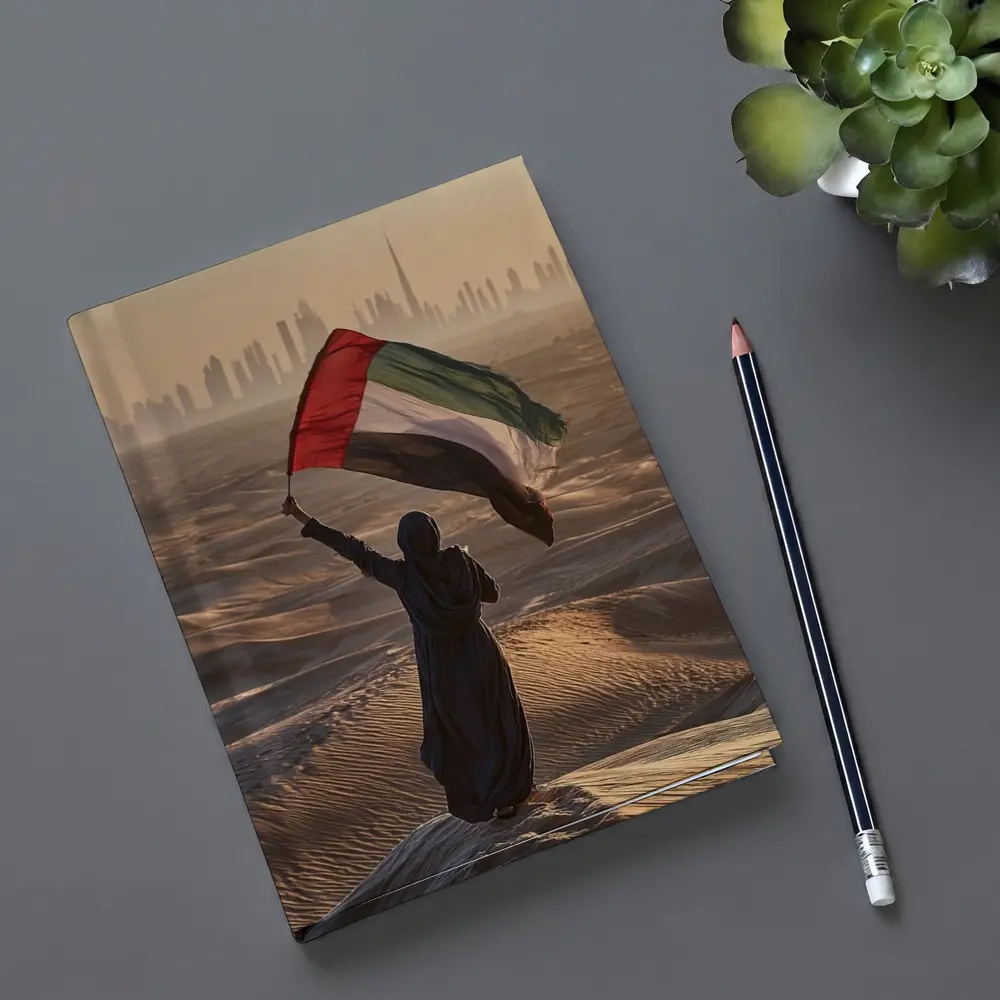 Woman Waving UAE Flag Desert Dubai Skyline – Notebooks