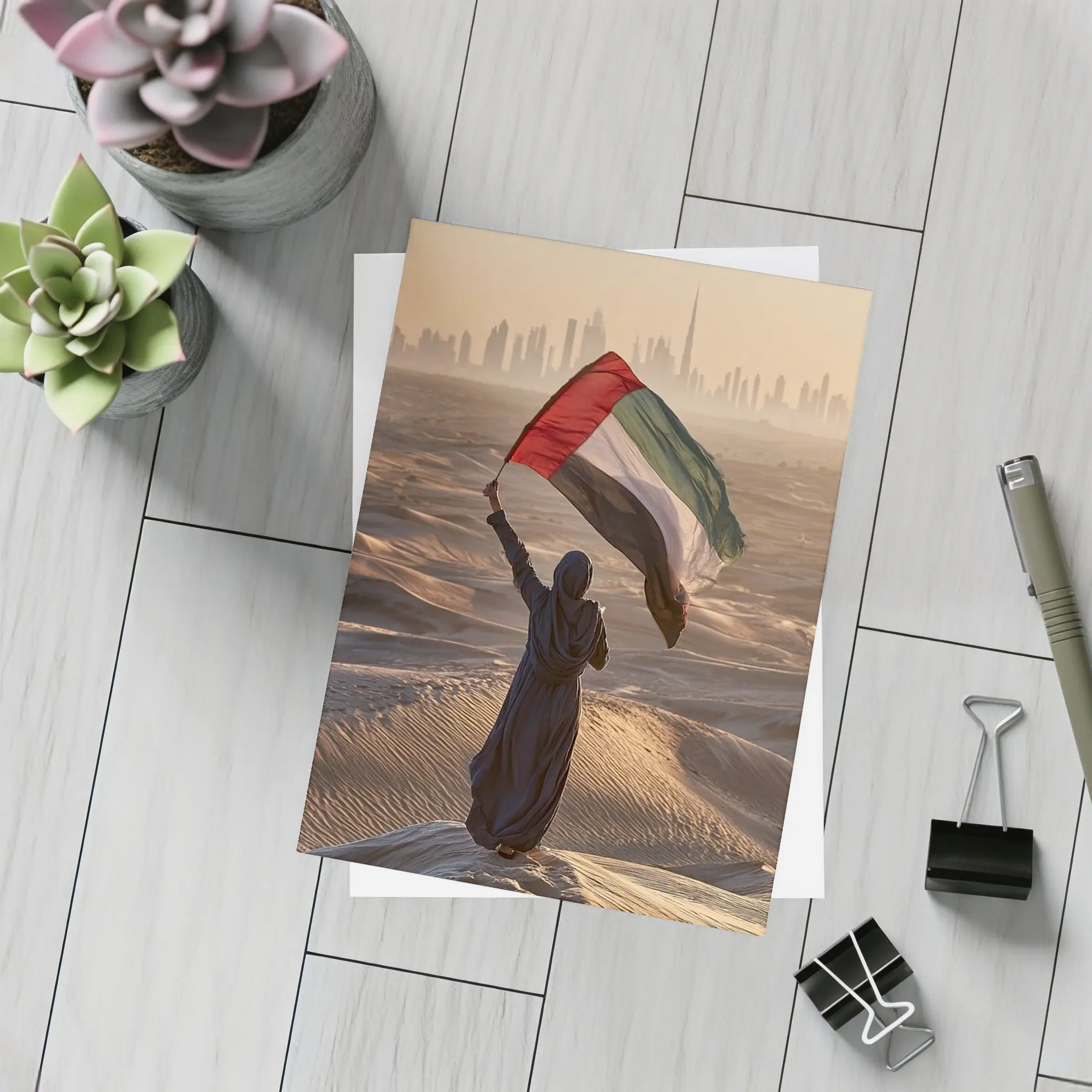 Woman Waving UAE Flag Desert Dubai Skyline – Postcards