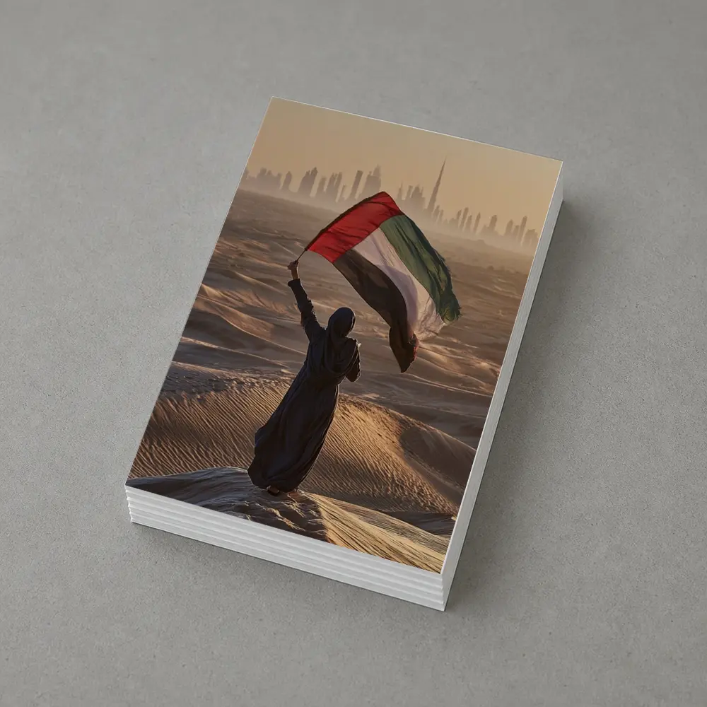 Woman Waving UAE Flag Desert Dubai Skyline – Postcards