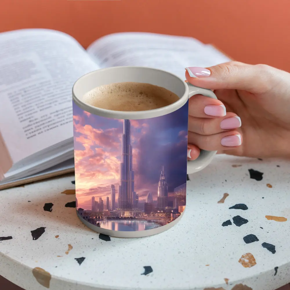 Burj Khalifa Dubai Skyline Purple Sunset – Mugs