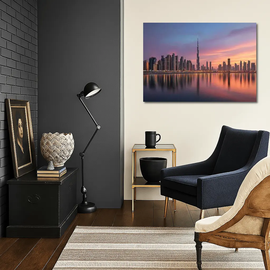 Dubai Skyline Burj Khalifa Sunset Reflection – Wall Art